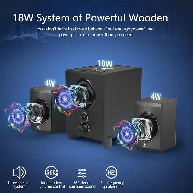 Alt view image 3 of 6 - OROW Speakers for PC Computer with Subwoofer,Front Knob 18W Computer Speakers with Subwoofer,Strong Bass,3.5mm Audio Inputs,Great for Laptop/PC/PS4/TV (S213&Wooden)
