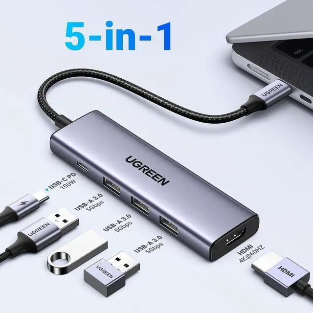 Alt view image 2 of 6 - UGREEN USB C Hub, 5-in-1 USB-C Hub with 4K@60Hz HDMI, 100W Power Delivery, 3 USB-A 3.0 Data Ports, USB C Dock Adapter for MacBook Pro/Air, iPad Pro, Mac Mini, Surface, XPS, Thinkpad, Galaxy, and More