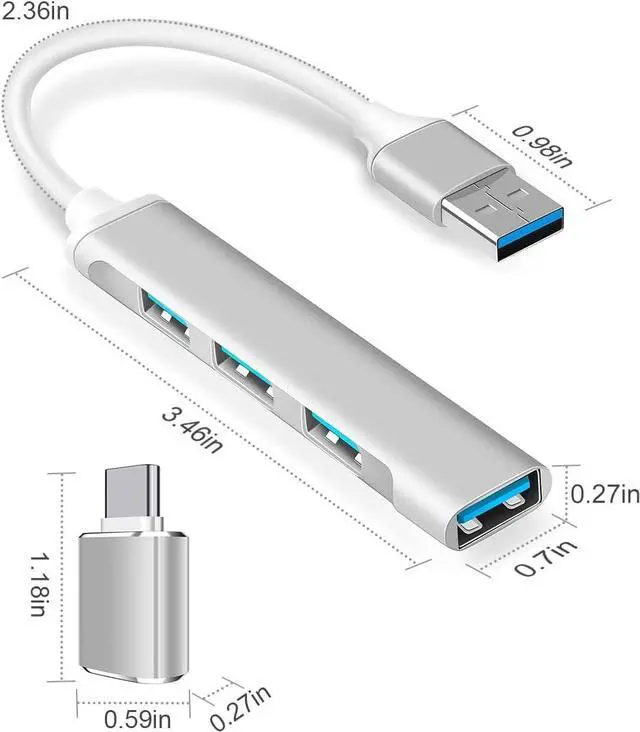 Alt view image 6 of 6 - USB Hub 4 Port with USB C to USB Adapter,USB Hub 3.0, USB Hub 2.0, USB Expander Hub for Laptop, Mini Extensions, Ultra Slim Portable Data Hub Applicable for iMac Pro, MacBook Air Notebook PC Silver