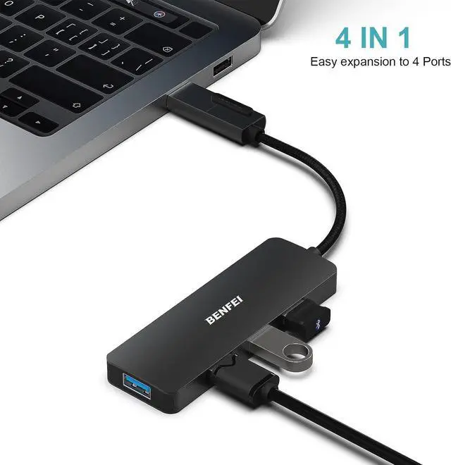 Alt view image 2 of 7 - BENFEI USB 3.0 Hub, USB-C HUB, 2-in-1 USB Type-A/Type-C Hub with 4 USB 3.0 Ports [Aluminum Shell, Nylon Braided] Compatible with iPhone 15 Pro/Max, MacBook Pro/Air 2023, iPad Pro, iMac, S23, XPS 17