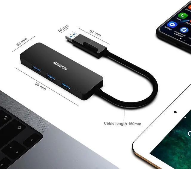 Alt view image 7 of 7 - BENFEI USB 3.0 Hub, USB-C HUB, 2-in-1 USB Type-A/Type-C Hub with 4 USB 3.0 Ports [Aluminum Shell, Nylon Braided] Compatible with iPhone 15 Pro/Max, MacBook Pro/Air 2023, iPad Pro, iMac, S23, XPS 17