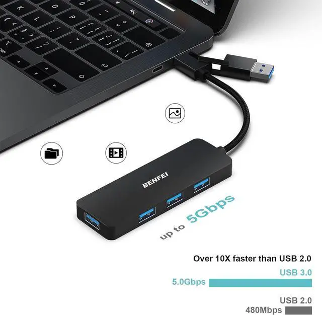 Alt view image 3 of 7 - BENFEI USB 3.0 Hub, USB-C HUB, 2-in-1 USB Type-A/Type-C Hub with 4 USB 3.0 Ports [Aluminum Shell, Nylon Braided] Compatible with iPhone 15 Pro/Max, MacBook Pro/Air 2023, iPad Pro, iMac, S23, XPS 17