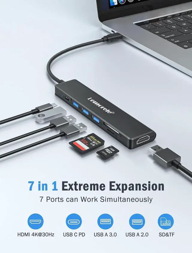 Alt view image 5 of 7 - Lemorele USB C Hub, Type-C Hub Adapter 7 in 1 with HDMI 4K@30Hz, 100W PD Charging, 1 USB3.0 5Gbps Data Port, 2 USB 2.0, SD/TF, USB C Multiport Dongle for MacBook/ChromeBook/Dell/HP/Lenovo