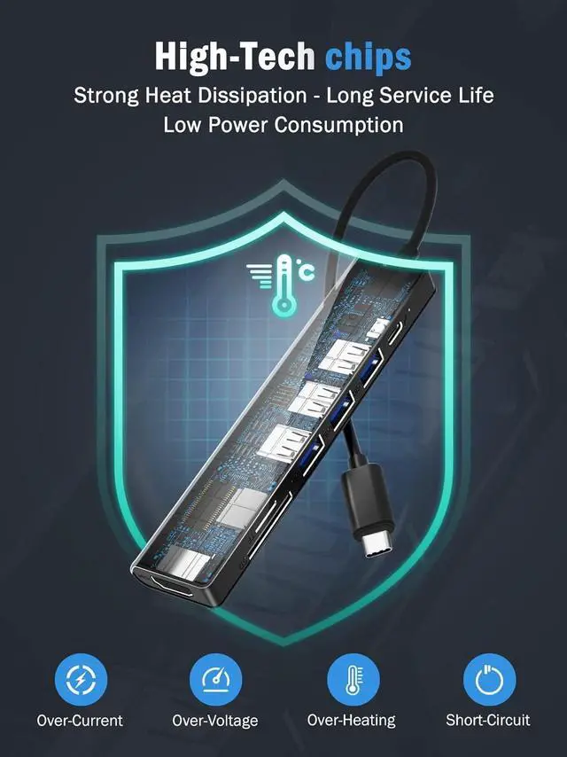 Alt view image 2 of 7 - Lemorele USB C Hub, Type-C Hub Adapter 7 in 1 with HDMI 4K@30Hz, 100W PD Charging, 1 USB3.0 5Gbps Data Port, 2 USB 2.0, SD/TF, USB C Multiport Dongle for MacBook/ChromeBook/Dell/HP/Lenovo