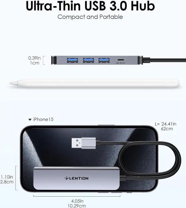 Alt view image 6 of 7 - LENTION USB Hub 3.0 Splitter with 2ft Long Cable, 4 USB 3.0 Port & Type C Power Supply, Multi Port USB-A Adapter for Windows PC, Mac, Printer, Mobile HDD (CB-HE32, Space Gray)
