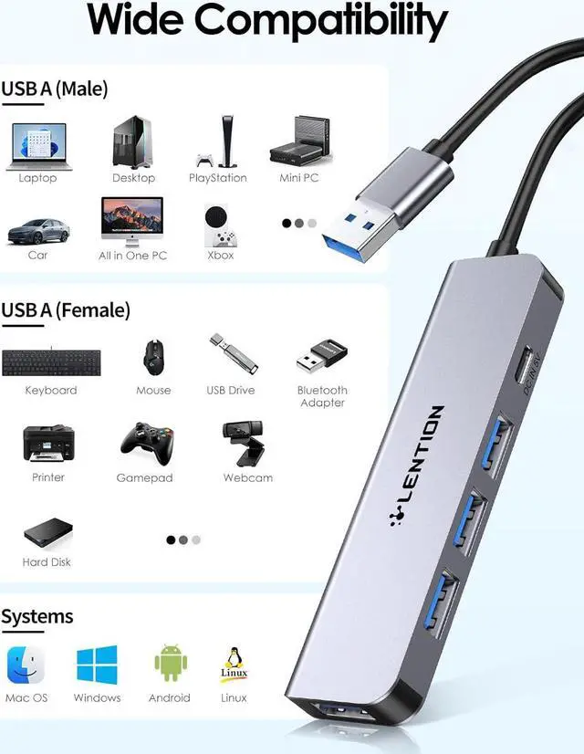 Alt view image 7 of 7 - LENTION USB Hub 3.0 Splitter with 2ft Long Cable, 4 USB 3.0 Port & Type C Power Supply, Multi Port USB-A Adapter for Windows PC, Mac, Printer, Mobile HDD (CB-HE32, Space Gray)