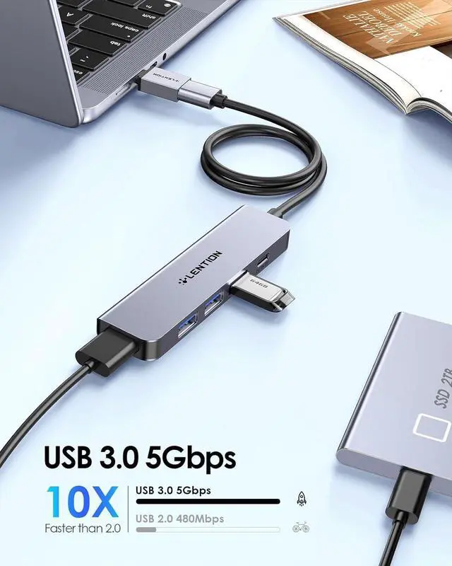 Alt view image 3 of 7 - LENTION USB Hub 3.0 Splitter with 2ft Long Cable, 4 USB 3.0 Port & Type C Power Supply, Multi Port USB-A Adapter for Windows PC, Mac, Printer, Mobile HDD (CB-HE32, Space Gray)