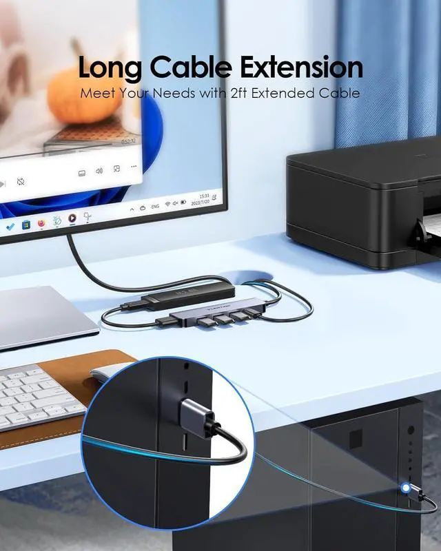 Alt view image 5 of 7 - LENTION USB Hub 3.0 Splitter with 2ft Long Cable, 4 USB 3.0 Port & Type C Power Supply, Multi Port USB-A Adapter for Windows PC, Mac, Printer, Mobile HDD (CB-HE32, Space Gray)