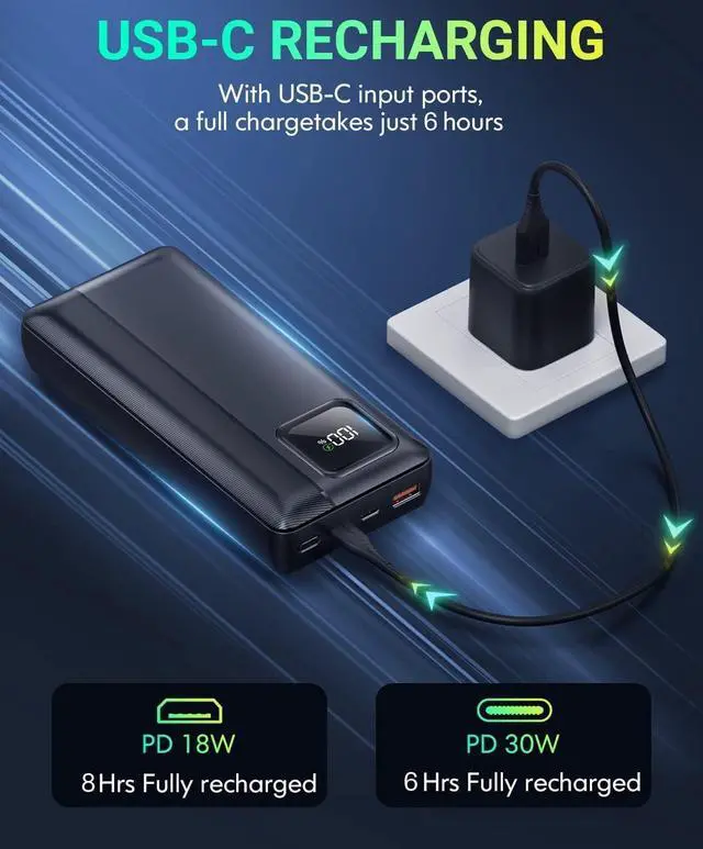 Alt view image 7 of 7 - Power-Bank-Portable-Charger - 40000mAh Power Bank Support PD 30W and QC4.0 Fast Charging wiht Built-in 2 Output Cable and LED Display for iPhone and Android Phones and Most Electronic Devices