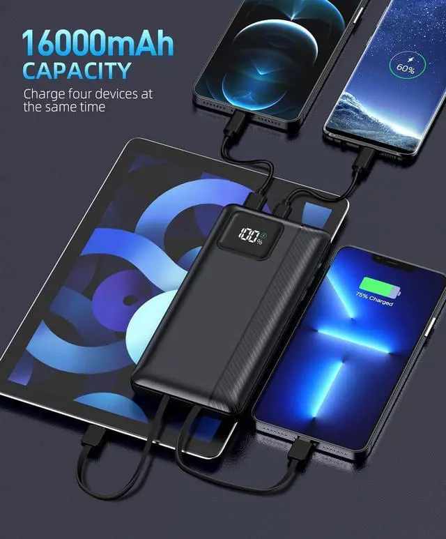 Alt view image 2 of 7 - Power-Bank-Portable-Charger - 16000mAh Power Bank Support PD 30W and QC4.0 Fast Charging wiht Built-in 2 Output Cable and LED Display for iPhone and Android Phones and Most Electronic Devices