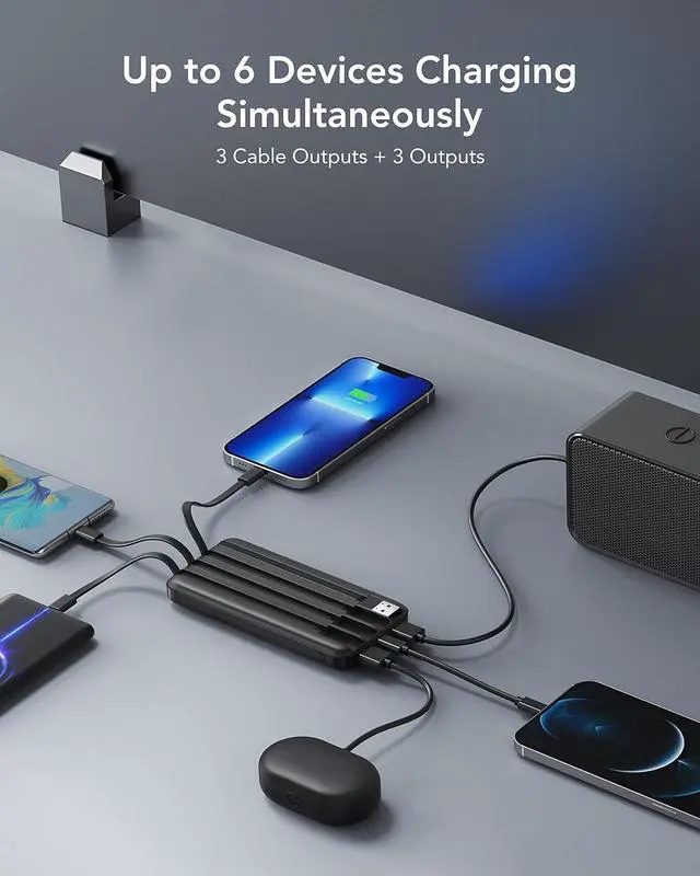 Alt view image 2 of 7 - Charmast Power Bank with Built in Cable, 10000mAh USB C Battery Pack 6 Outputs 2 Inputs with LED Display Type C Powerbank Portable Charger Compatible with Smartphones Tablets and More