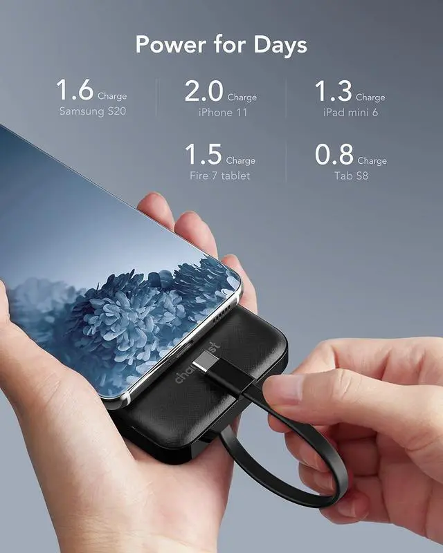 Alt view image 4 of 7 - Charmast Power Bank with Built in Cable, 10000mAh USB C Battery Pack 6 Outputs 2 Inputs with LED Display Type C Powerbank Portable Charger Compatible with Smartphones Tablets and More