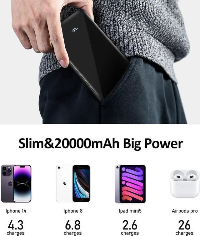 Alt view image 6 of 6 - COPINK Portable Charger,20000mAh Power Bank with 22.5W Fast Charging LED Digital Display Battery Pack with USB C/USB A Output, Slim Portable Charger for iPhone 14/13 Samsung Pixel AirPods and More