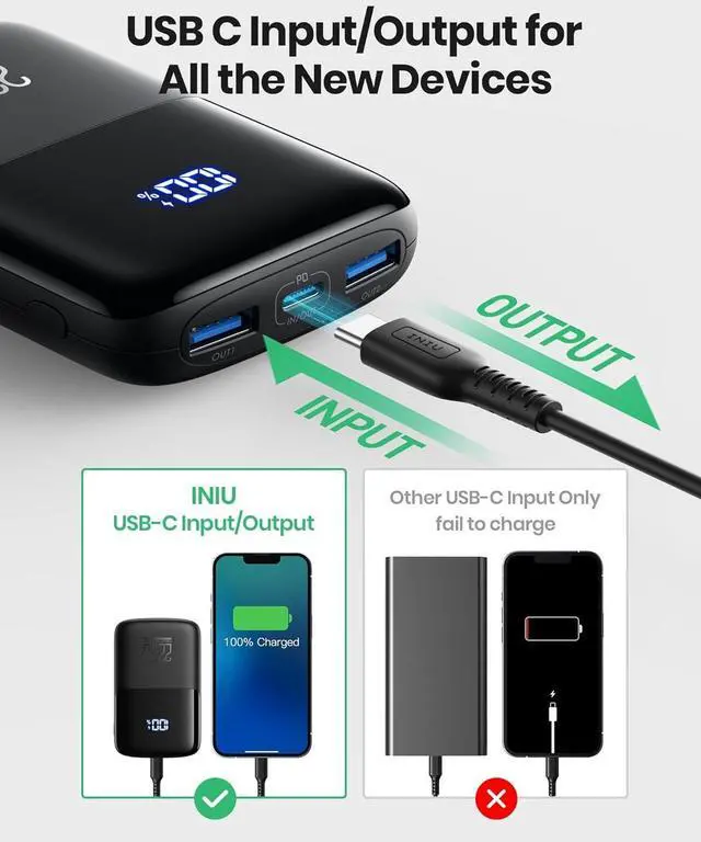 Alt view image 2 of 7 - INIU Portable Charger, . USB C 10000mAh Small Power Bank, PD3.0 QC4.0 Fast Charging Battery Pack, 3-Output LED Display Phone Charger for iPhone 15 14 13 12 11 X Pro Samsung Google AirPods iPad