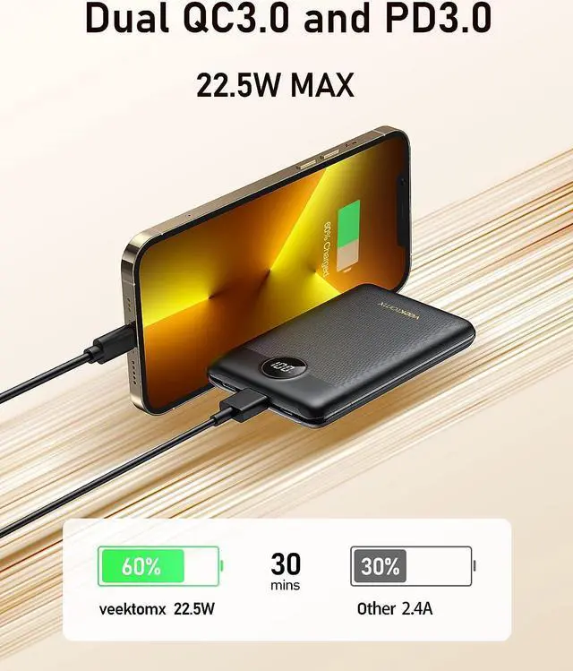 Alt view image 3 of 7 - VEEKTOMX Mini Power Bank 10000mAh, 22.5W Fast Charging Small Portable Charger with PD 3.0 & QC 3.0,USB C Slim Compact Battery Bank, Dual Output Competible with iPhone, Samsung,Travel Must Haves