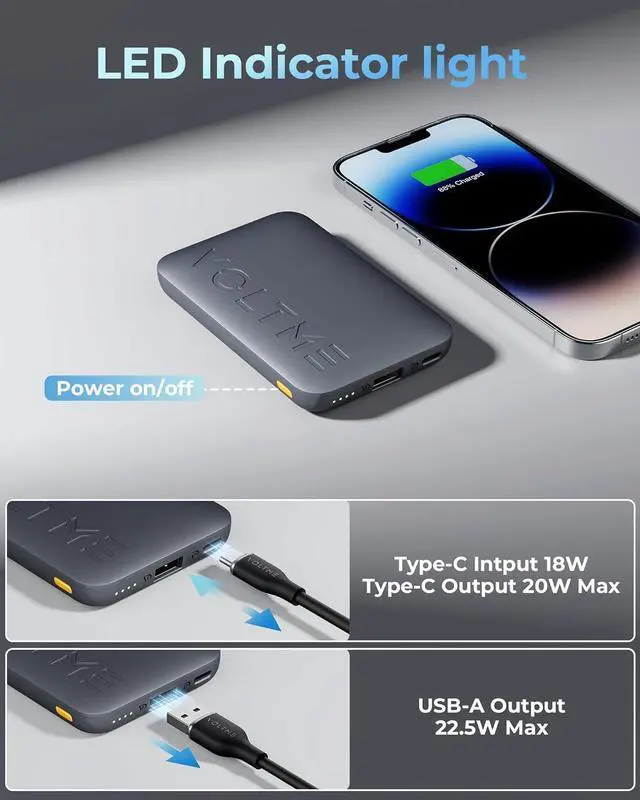 Alt view image 6 of 7 - VOLTME Portable Charger with USB C Cable, USB-C Portable Charger with 20W QC 18W Power Delivery, Slim Power Bank 10K PD for iPhone 14/13/12 Series, S10, Pixel 4 (10K)