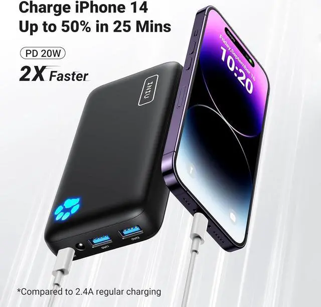 Alt view image 3 of 7 - INIU Power Bank, 18W 20000mAh Compact Portable Charger Fast Charging PD3.0 QC4.0, Tri-Output USB C Battery Pack Compatible with iPhone 14 13 12 11 X 8 Pro Max Samsung S20 Google LG iPad Tablet Airpods