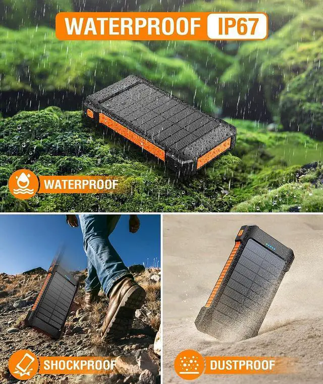 Alt view image 6 of 7 - MetFut Solar Power Bank 38800mAh, Solar Charger with Suction Cup Mount Three Modes Flashlight-Steady/SOS/Strobe IPX7 Waterproof/Dustproof/Shockproof External Battery Pack 3 USB Charging Ports(Orange)