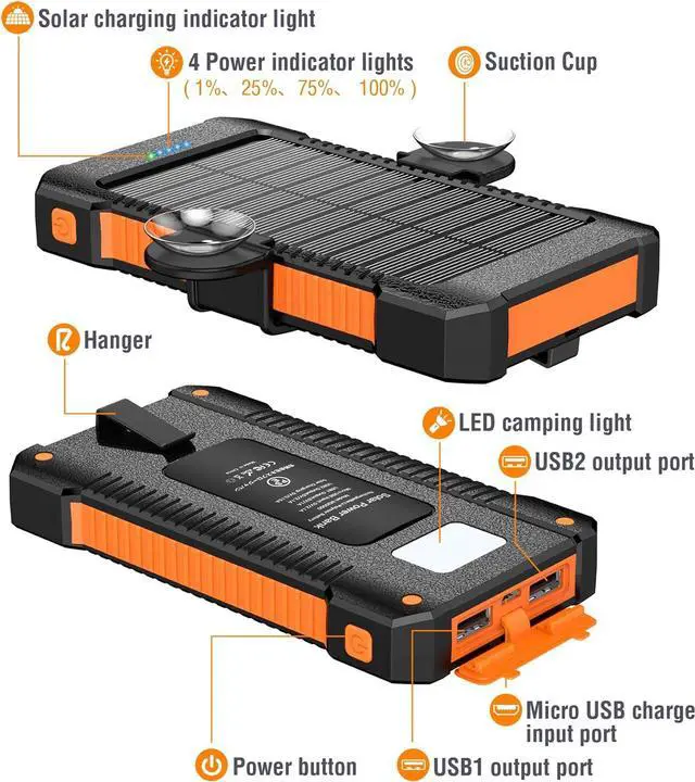 Alt view image 7 of 7 - MetFut Solar Power Bank 38800mAh, Solar Charger with Suction Cup Mount Three Modes Flashlight-Steady/SOS/Strobe IPX7 Waterproof/Dustproof/Shockproof External Battery Pack 3 USB Charging Ports(Orange)