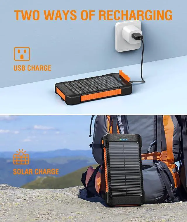 Alt view image 4 of 7 - MetFut Solar Power Bank 38800mAh, Solar Charger with Suction Cup Mount Three Modes Flashlight-Steady/SOS/Strobe IPX7 Waterproof/Dustproof/Shockproof External Battery Pack 3 USB Charging Ports(Orange)