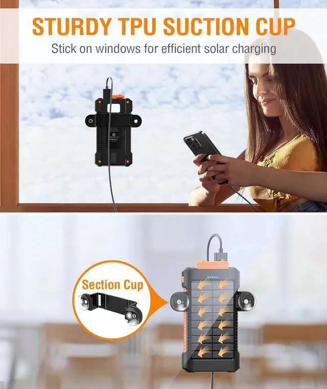 Alt view image 3 of 7 - MetFut Solar Power Bank 38800mAh, Solar Charger with Suction Cup Mount Three Modes Flashlight-Steady/SOS/Strobe IPX7 Waterproof/Dustproof/Shockproof External Battery Pack 3 USB Charging Ports(Orange)