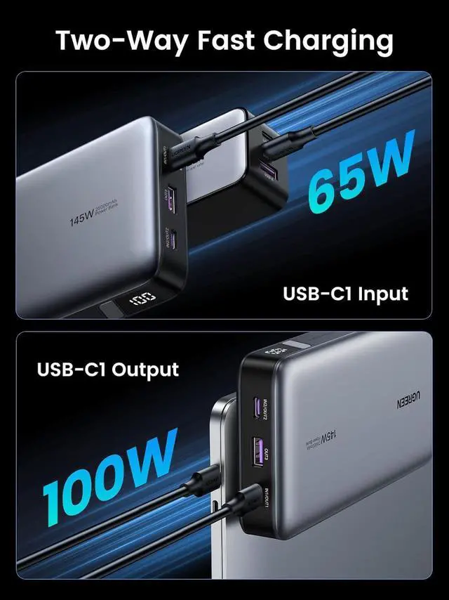 Alt view image 6 of 7 - UGREEN 145W Laptop Power Bank 3-Port 25000mAh, 65W Fast Recharge, Fast Charging USB C Portable Charger PD 3.0 Battery Pack, for Laptop, MacBook Air Pro, iPad Pro, iPhone 15 Series, Galaxy Series