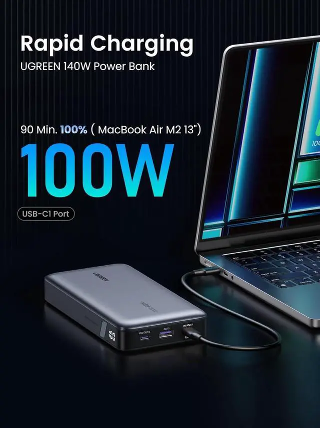 Alt view image 4 of 7 - UGREEN 145W Laptop Power Bank 3-Port 25000mAh, 65W Fast Recharge, Fast Charging USB C Portable Charger PD 3.0 Battery Pack, for Laptop, MacBook Air Pro, iPad Pro, iPhone 15 Series, Galaxy Series