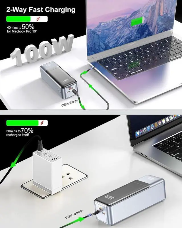 Alt view image 5 of 7 - 145W Power Bank 27000 mAh Laptop Portable Charger USB C 3-Port PD3.0 Fast Charging External Battery Digital Display,100W Fast Recharge, Compatible with MacBook, iPhone, Samsung, Dell, AirPods and More