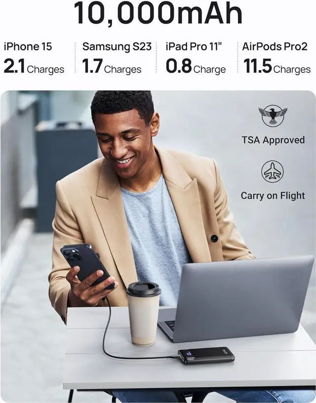 Alt view image 5 of 6 - GETIHU Power Bank, 10000mAh USB C in & Out Portable Charger, 3A Triple High-Speed LED Display Battery Pack with Flashlight Compatible with iPhone 15 14 13 12 X 11 Samsung S20 Google LG iPad, and More