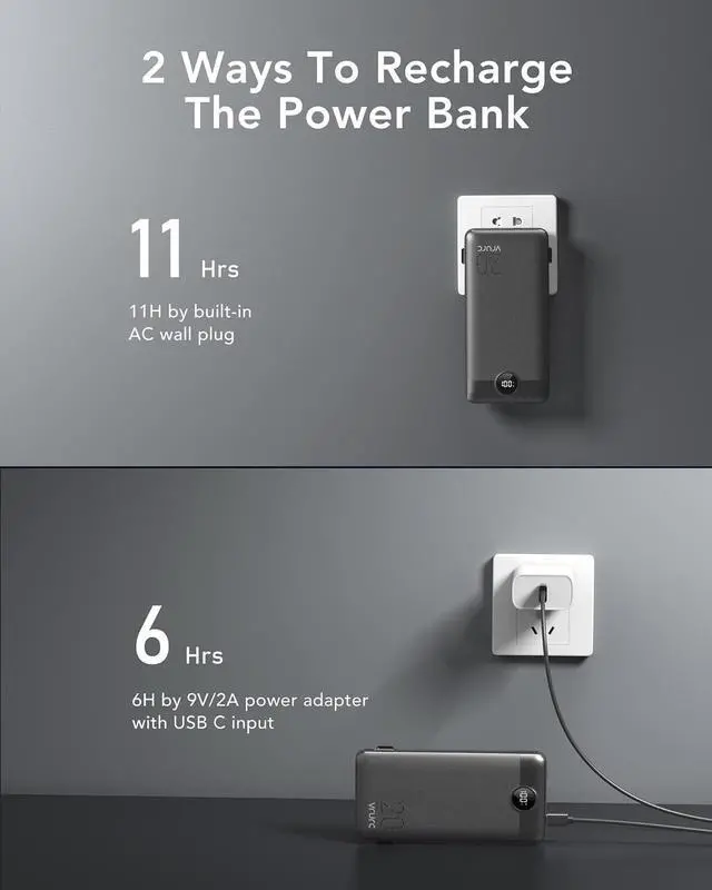 Alt view image 5 of 7 - VRURC Power Bank 20000mAh 22.5W USB C Fast Charging Portable Charger Built-in AC Wall Plug, Micro & USB C Cables, 4 Output Dual Input LED Display Integrated External Battery for Smart Devices