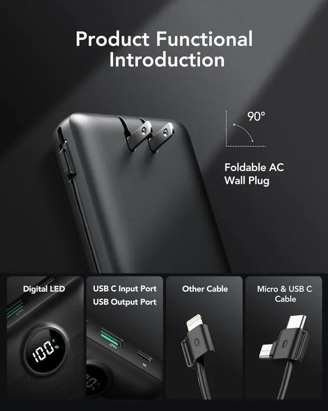 Alt view image 6 of 7 - VRURC Power Bank 20000mAh 22.5W USB C Fast Charging Portable Charger Built-in AC Wall Plug, Micro & USB C Cables, 4 Output Dual Input LED Display Integrated External Battery for Smart Devices