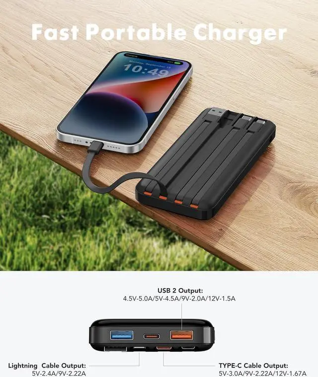 Alt view image 7 of 7 - Charmast Power Bank with Built in Cables, 20000mAh USB C Battery Pack 5 Outputs 4 Inputs with LED Display Type C Powerbank,22.5W Fast Charging Portable Charger Compatible with Smartphones and More