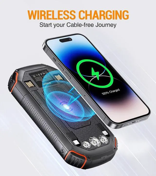 Alt view image 4 of 7 - Solar Power Bank 36000mAh,Portable Charger with 3 Built-in Cables,Waterproof Solar Battery Pack 4 Outputs 3 Inputs,USB C Battery Bank 3 LED Flashlights,Solar Charger for iPhone Tablet Samsung (Orange)