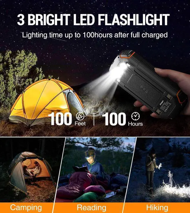 Alt view image 5 of 7 - Solar Power Bank 36000mAh,Portable Charger with 3 Built-in Cables,Waterproof Solar Battery Pack 4 Outputs 3 Inputs,USB C Battery Bank 3 LED Flashlights,Solar Charger for iPhone Tablet Samsung (Orange)