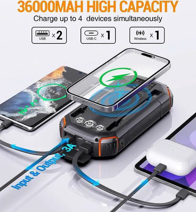 Alt view image 2 of 7 - Solar Power Bank 36000mAh,Portable Charger with 3 Built-in Cables,Waterproof Solar Battery Pack 4 Outputs 3 Inputs,USB C Battery Bank 3 LED Flashlights,Solar Charger for iPhone Tablet Samsung (Orange)