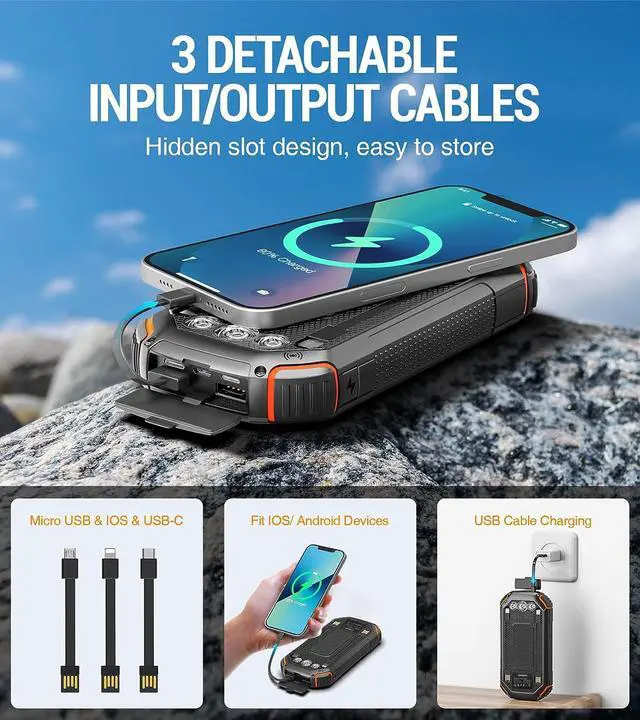 Alt view image 6 of 7 - Solar Power Bank 36000mAh,Portable Charger with 3 Built-in Cables,Waterproof Solar Battery Pack 4 Outputs 3 Inputs,USB C Battery Bank 3 LED Flashlights,Solar Charger for iPhone Tablet Samsung (Orange)