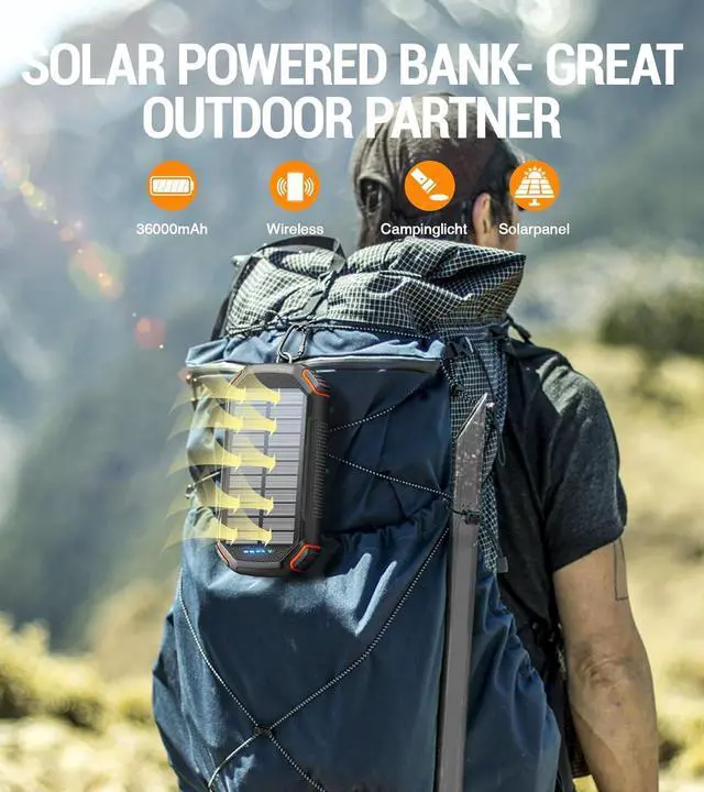 Alt view image 3 of 7 - Solar Power Bank 36000mAh,Portable Charger with 3 Built-in Cables,Waterproof Solar Battery Pack 4 Outputs 3 Inputs,USB C Battery Bank 3 LED Flashlights,Solar Charger for iPhone Tablet Samsung (Orange)