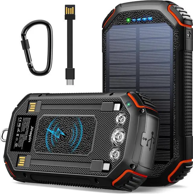 Main image of Solar Power Bank 36000mAh,Portable Charger with 3 Built-in Cables,Waterproof Solar Battery Pack 4 Outputs 3 Inputs,USB C Battery Bank 3 LED Flashlights,Solar Charger for iPhone Tablet Samsung (Orange)