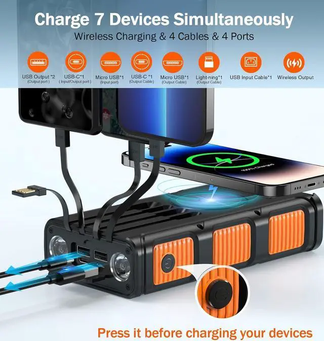 Alt view image 5 of 7 - GOODaaa Power Bank Wireless Charger 45800mAh Built in Hand Crank and 4 Cables 15W Fast Charging Power Bank 7 Outputs & 4 Inputs Solar Portable Charger, SOS/Strobe/Strong Flashlights, Compass