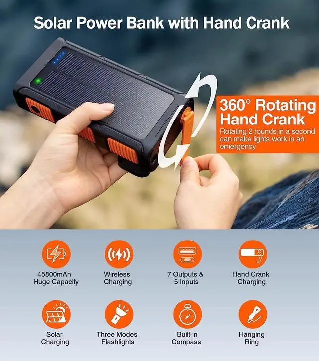 Alt view image 3 of 7 - GOODaaa Power Bank Wireless Charger 45800mAh Built in Hand Crank and 4 Cables 15W Fast Charging Power Bank 7 Outputs & 4 Inputs Solar Portable Charger, SOS/Strobe/Strong Flashlights, Compass