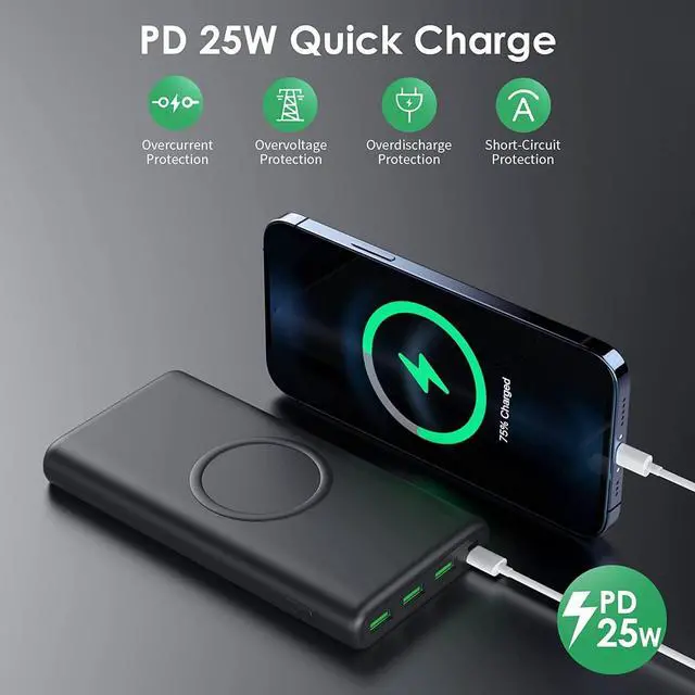 Alt view image 4 of 6 - Wireless Power Bank Portable Charger, 33,800mAh Power Bank 25W PD QC4.0 Fast Charging, 5 Output & 2 Input External Battery Pack Compatible with iPhone 15/14/13/12/11/XR,Samsung S22/S20,Android etc