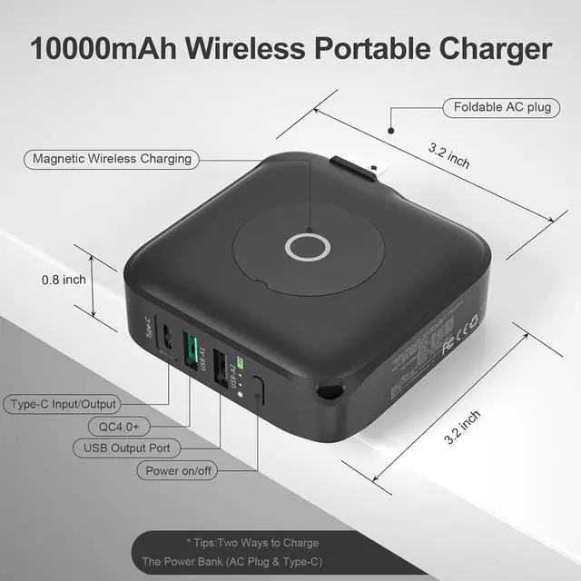 Alt view image 3 of 7 - MYao Magnetic Power Bank, 10000mAh Portable Wireless Charger AC Plug Wall Charger, 18W Quick Charge USB-C Phone Charger for iPhone 14/13/12/Pro/Pro Max, Airpods Pro, iPad, Samsung.