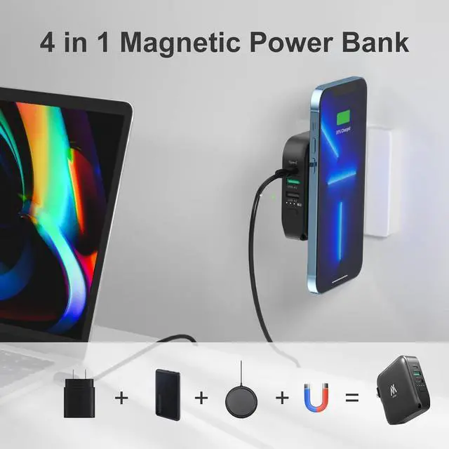 Alt view image 5 of 7 - MYao Magnetic Power Bank, 10000mAh Portable Wireless Charger AC Plug Wall Charger, 18W Quick Charge USB-C Phone Charger for iPhone 14/13/12/Pro/Pro Max, Airpods Pro, iPad, Samsung.
