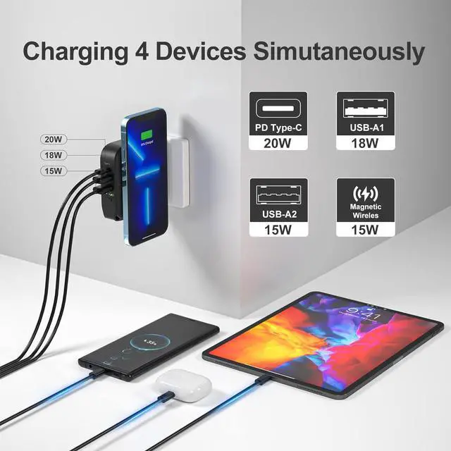 Alt view image 7 of 7 - MYao Magnetic Power Bank, 10000mAh Portable Wireless Charger AC Plug Wall Charger, 18W Quick Charge USB-C Phone Charger for iPhone 14/13/12/Pro/Pro Max, Airpods Pro, iPad, Samsung.