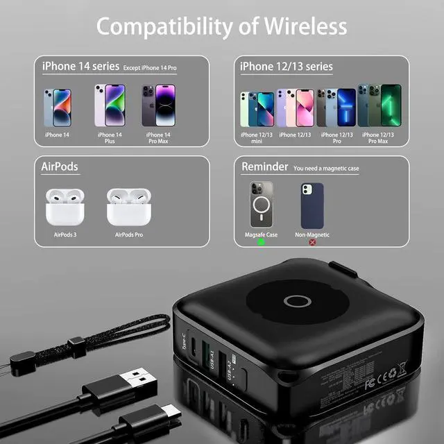 Alt view image 6 of 7 - MYao Magnetic Power Bank, 10000mAh Portable Wireless Charger AC Plug Wall Charger, 18W Quick Charge USB-C Phone Charger for iPhone 14/13/12/Pro/Pro Max, Airpods Pro, iPad, Samsung.