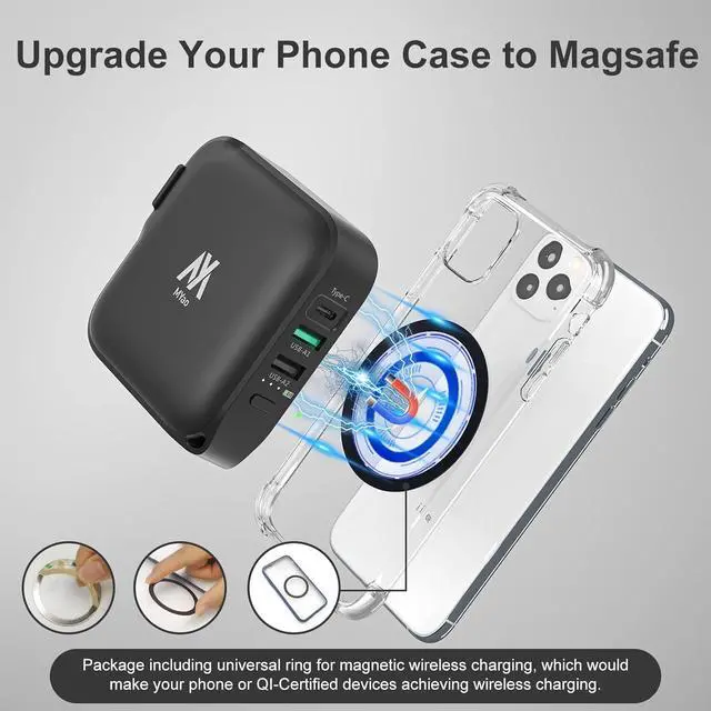 Alt view image 2 of 7 - MYao Magnetic Power Bank, 10000mAh Portable Wireless Charger AC Plug Wall Charger, 18W Quick Charge USB-C Phone Charger for iPhone 14/13/12/Pro/Pro Max, Airpods Pro, iPad, Samsung.