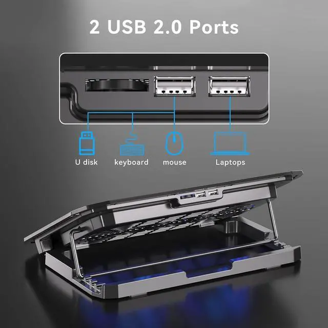 Alt view image 5 of 6 - KYOLLY Ultra Slim Laptop Cooling Pad for 10-15.6 Inch Laptops, Portable Notebook Cooler with 2 Quiet Big Fans , Gaming Laptop Fan Wind Speed Adjustable, 5 Heights Adjustment, 2 USB Port