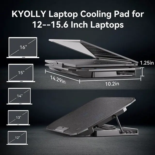 Alt view image 6 of 6 - KYOLLY Ultra Slim Laptop Cooling Pad for 10-15.6 Inch Laptops, Portable Notebook Cooler with 2 Quiet Big Fans , Gaming Laptop Fan Wind Speed Adjustable, 5 Heights Adjustment, 2 USB Port