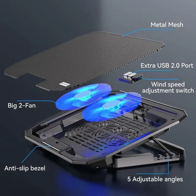 Alt view image 4 of 6 - KYOLLY Ultra Slim Laptop Cooling Pad for 10-15.6 Inch Laptops, Portable Notebook Cooler with 2 Quiet Big Fans , Gaming Laptop Fan Wind Speed Adjustable, 5 Heights Adjustment, 2 USB Port