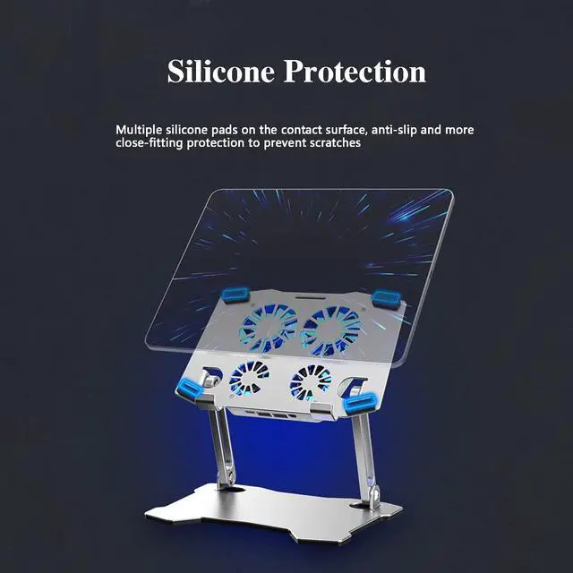 Alt view image 7 of 7 - Eiyikof Adjustable Laptop Stand Riser with 4 Cooling Fans and USB Hub, Tablet Stand Compatible with IPAD,/IPAD PRO,E-Book, Laptop/Notebook Office Desk Stand, Aluminum Alloy Laptop Radiator-Sliver